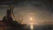 Ivan Aivazovsky A windmill overlooking a moonlit bay oil painting